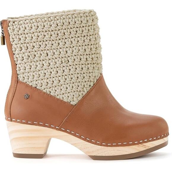 The Sak Leather Crochet Clog Boots Brown Knit Wood Heel Size 7 - Picture 1 of 8